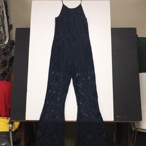Navy blue lace bell-bottom jumpsuit:l :: Small